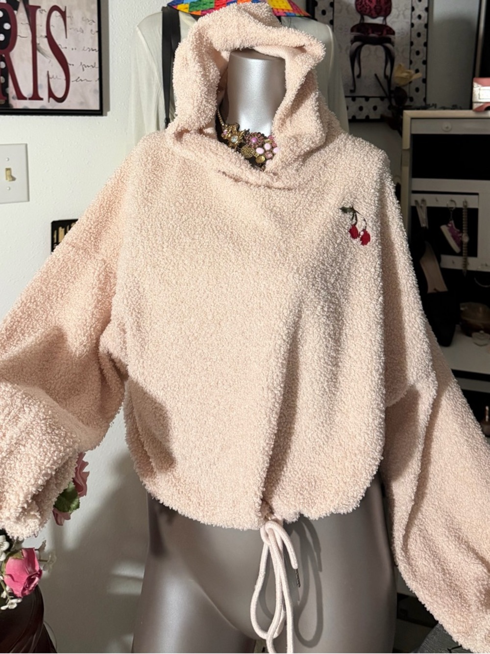 Polly & Esther cozy Pink Sherpa Hoodie with Cherry Embroidery size S